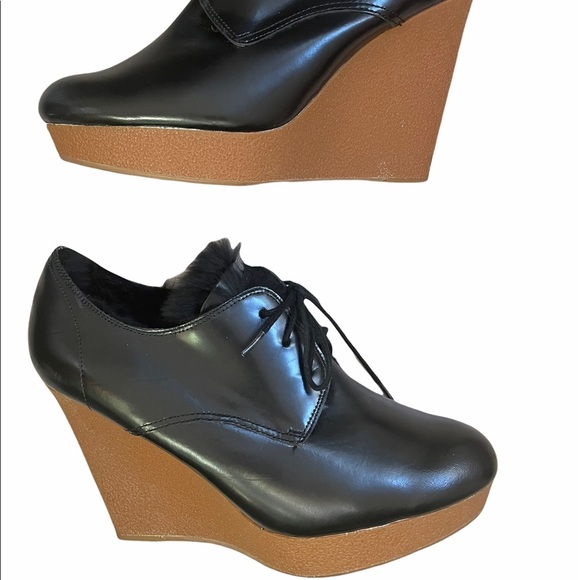 3.1 PHILLIP LIM Black Leather Fur Trim Wedge Platform Pumps Size 10 - Picture 8 of 11